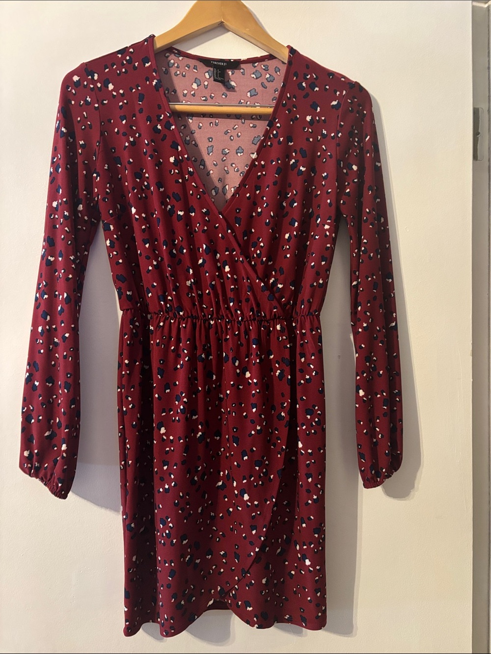Forever 21 Burgundy Long-Sleeve Wrap Dress with Spot Print